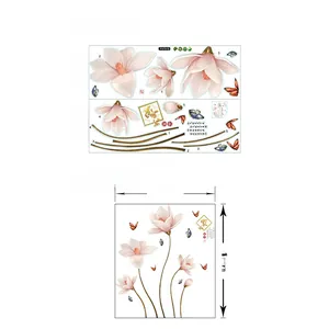 Detail view of pink lotus flower wall stickers with layout and applied size reference