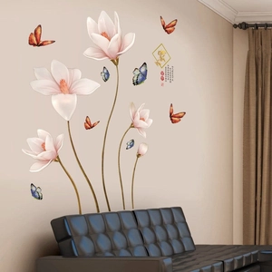 Chinese Style Magnolia Flower Butterfly Wall Stickers PVC Self-Adhesive Wall Decals For Living Room Bedroom Home Decor