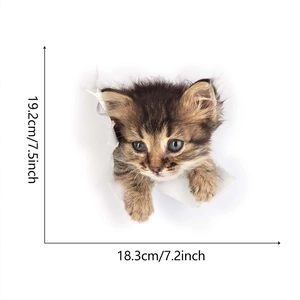 Macro detail of a 3D cat wall sticker showing 19.2cm height and 18.3cm width specs