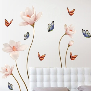 Pink magnolia flower wall decals with blue butterflies for bedroom home wall decoration