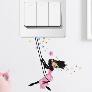 Flower Fairy Butterfly Girl Silhouette Wall Stickers PVC Waterproof Switch Decorative Stickers For Home Living Room Bedroom DIY Self Adhesive Art Decal