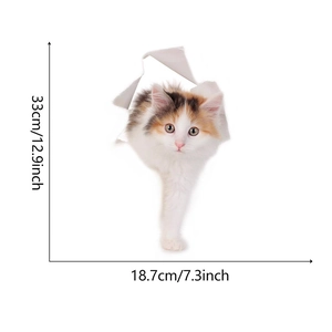 3D realistic calico cat wall sticker dimension chart showing 33cm height and 18.7cm width
