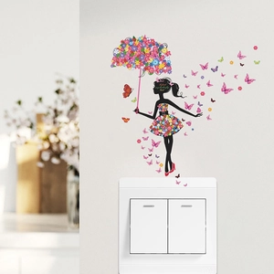 Girl with floral umbrella and colorful butterflies decorative self-adhesive wall sticker