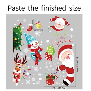 Detailed product layout of Christmas window decals featuring Santa Claus and Snowman stickers