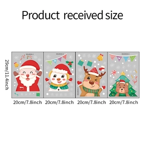 Size chart for 4 Christmas window stickers featuring Santa and reindeer, 20x29cm per sheet