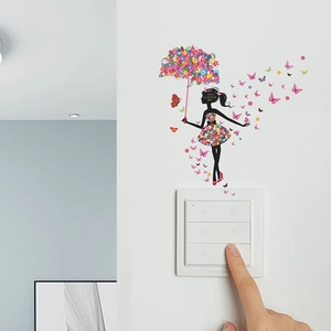 Decorative wall sticker featuring a girl with a flower umbrella and colorful butterflies