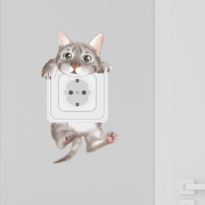 Simpatico adesivo murale a forma di gatto grigio per interruttori e prese elettriche