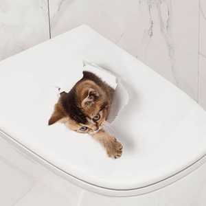 Realistic 3D tabby cat sticker emerging from a white toilet lid for home wall decoration