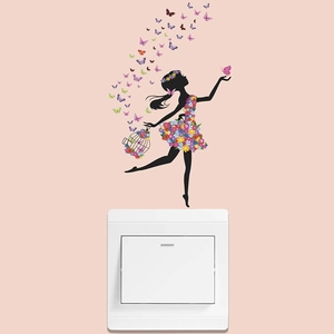 Self-adhesive flower butterfly girl wall sticker for home switch decoration