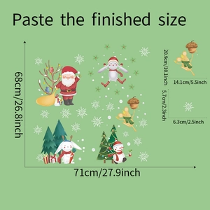Detailed dimensions of cartoon Christmas wall stickers featuring Santa and forest animals