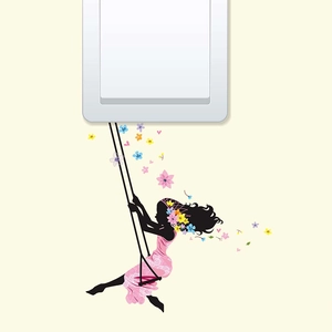Detailed wall sticker featuring a flower fairy swinging by a light switch decoration
