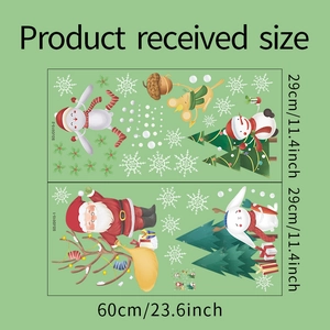 Detailed dimensions of Christmas window stickers featuring Santa, reindeer and snowman