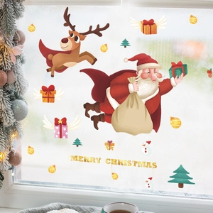Christmas window stickers set featuring Santa, reindeer, and golden Merry Christmas text