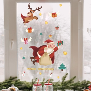 Cartoon Christmas Santa Claus Reindeer PVC Wall Stickers Holiday Decorative Window Clings For Living Room Glass Home Decor