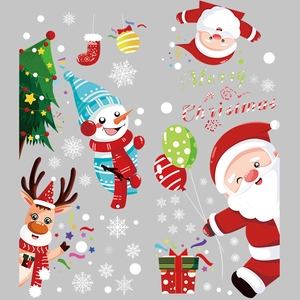 Cartoon Christmas window stickers featuring Santa Claus, snowman, and reindeer