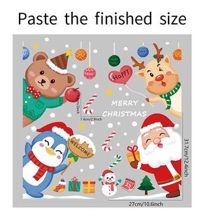 Detail showing Christmas window stickers with Santa, reindeer and 27x31.7cm size specs