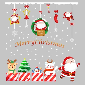 Cartoon Christmas wall stickers set with Santa, reindeer, and Merry Christmas text