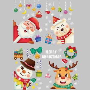 Cartoon Christmas wall stickers featuring Santa, reindeer and snowman for home decoration