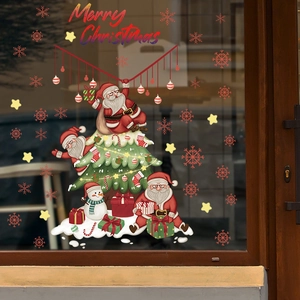 Merry Christmas Santa Claus window stickers with festive tree and snowman wall decals