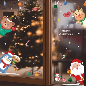 Christmas window stickers set with Santa, reindeer and snowman on a glass background