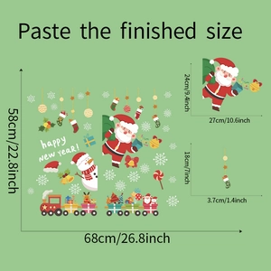 Detailed size guide of Christmas window stickers with Santa Claus and snowman motifs