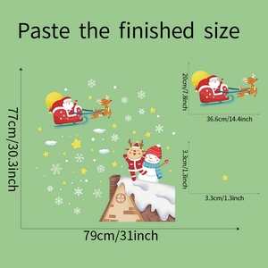 Detailed dimensions of Christmas wall stickers featuring Santa, reindeer and snowman graphics