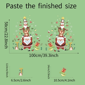 Detailed size chart for Christmas cartoon wall stickers with Santa and reindeer motifs