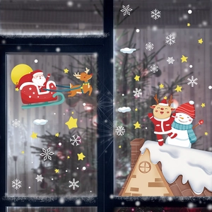Christmas window decals with Santa Claus, reindeer, snowman, and snowflakes decoration