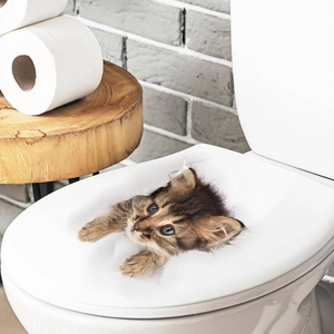 3D realistic cat wall sticker showing a kitten peeking through a hole for bathroom decor