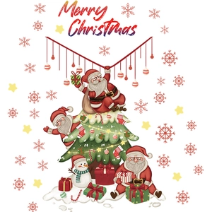 Festive Merry Christmas wall stickers with Santa, snowman, and decorated Xmas tree