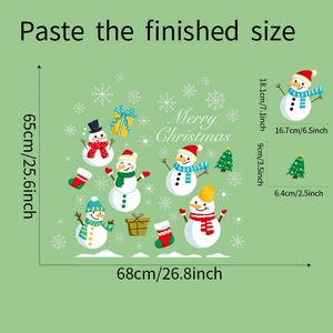 Detailed view of Christmas snowman window stickers set with dimensions and sizes
