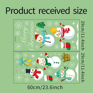 Christmas window stickers size guide with snowman and snowflake decals on green background