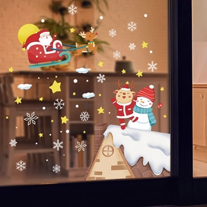 Christmas window decals with Santa Claus, reindeer, and snowman on snowy roof decor