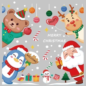 Christmas window decals with Santa Claus, reindeer, penguin and teddy bear stickers