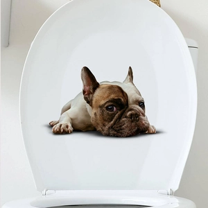 Detailed realistic French Bulldog wall sticker on white toilet lid for home decor