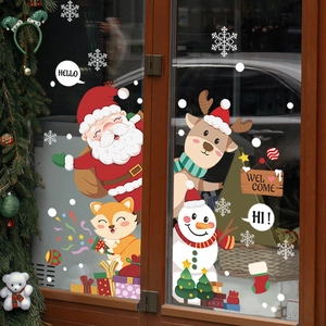 Reusable Christmas window static stickers featuring Santa Claus and snowman on glass door