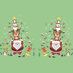 Christmas window decals with stacked cartoon Santa, reindeer, and snowman illustrations
