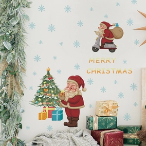 Merry Christmas window stickers featuring Santa Claus on motorcycle and festive tree