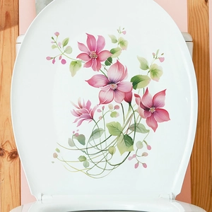 Self-adhesive bathroom wall sticker with romantic pink floral and green leaves patterns