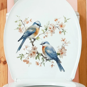 Waterproof Chinese bird and pink blossom floral wall sticker for toilet lid decoration