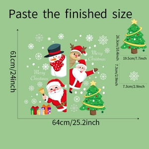 Detailed size guide for Christmas window decals featuring Santa Claus and reindeer stickers