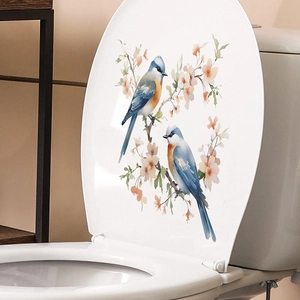 Waterproof toilet seat sticker with Chinese watercolor style pink flowers and birds