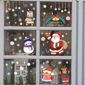 Christmas window static stickers with cartoon Santa reindeer and snowflake decorations