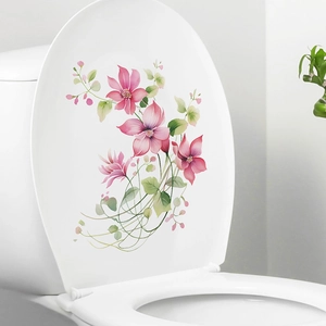 Romantic pink clematis flower wall stickers for bathroom toilet lid decoration