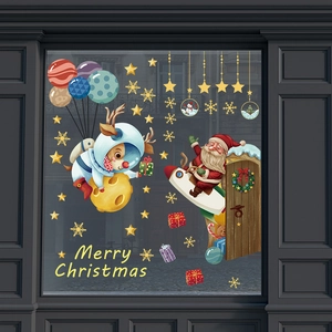 Cartoon Santa Claus and reindeer window stickers with Merry Christmas greeting