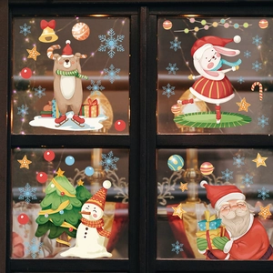 Christmas window decals set featuring Santa, snowman, and reindeer for holiday decoration