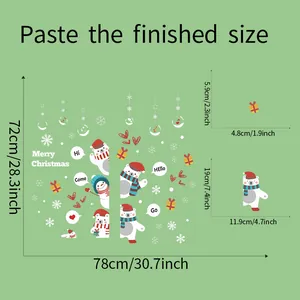 Detailed size guide showing a 72x78cm Christmas bear and snowflake window sticker map