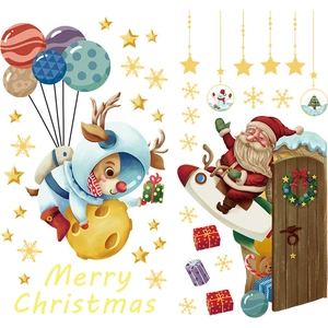 Merry Christmas wall stickers with astronaut reindeer and Santa Claus on space rocket