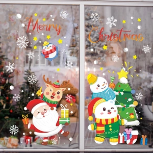 Merry Christmas static window stickers featuring Santa, reindeer, and festive cartoons