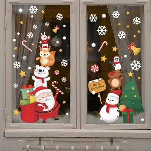 Merry Christmas Fensteraufkleber mit Weihnachtsmann, Schneemann und festlichen Tiermotiven